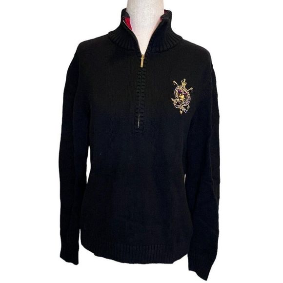 Lauren Ralph Lauren Women Black Red Lion Crest Logo Zip Mock Neck Sweater Large - Picture 1 of 7